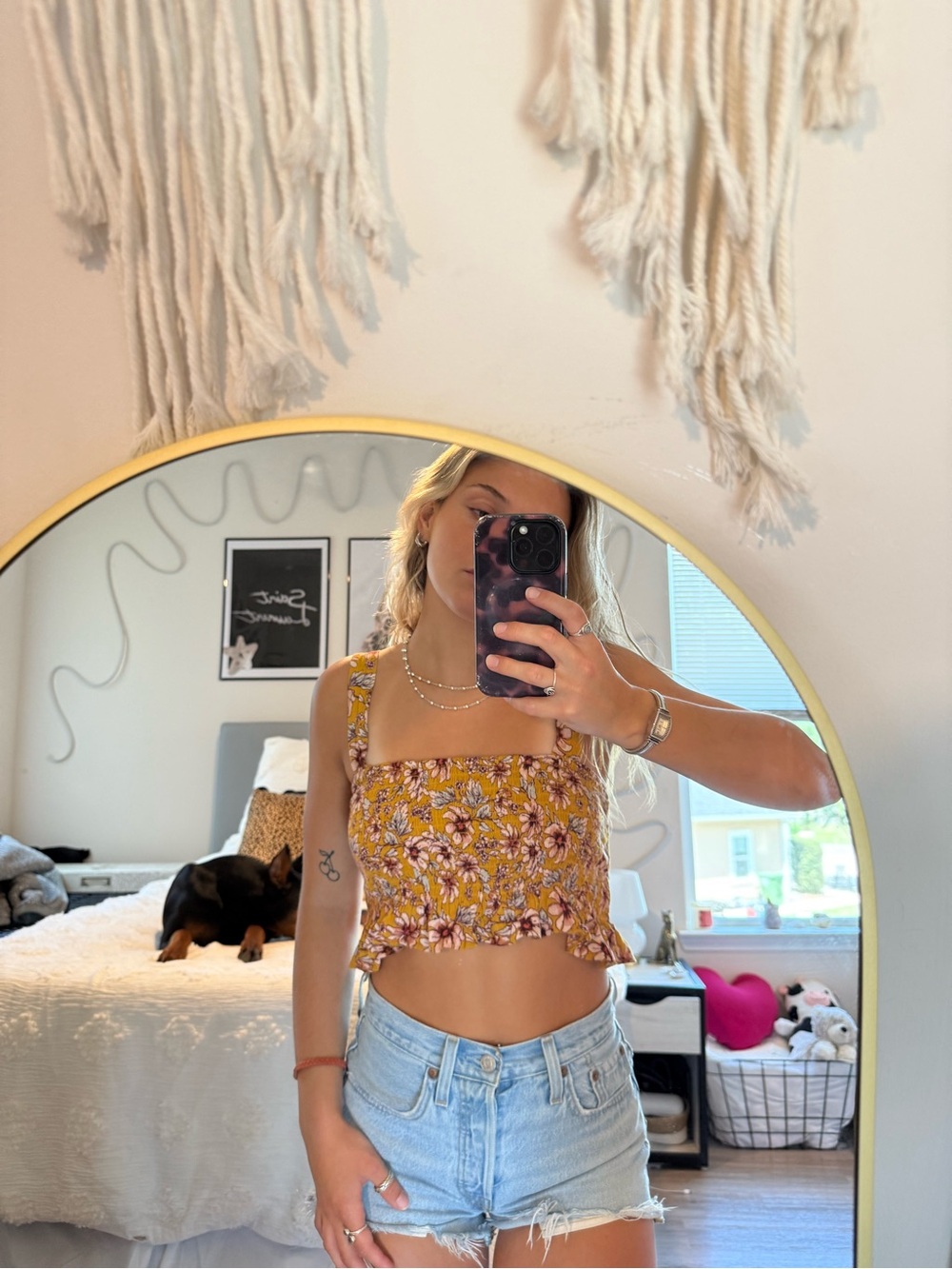 American Eagle Outfitters Yellow Floral Smocked Crop Top